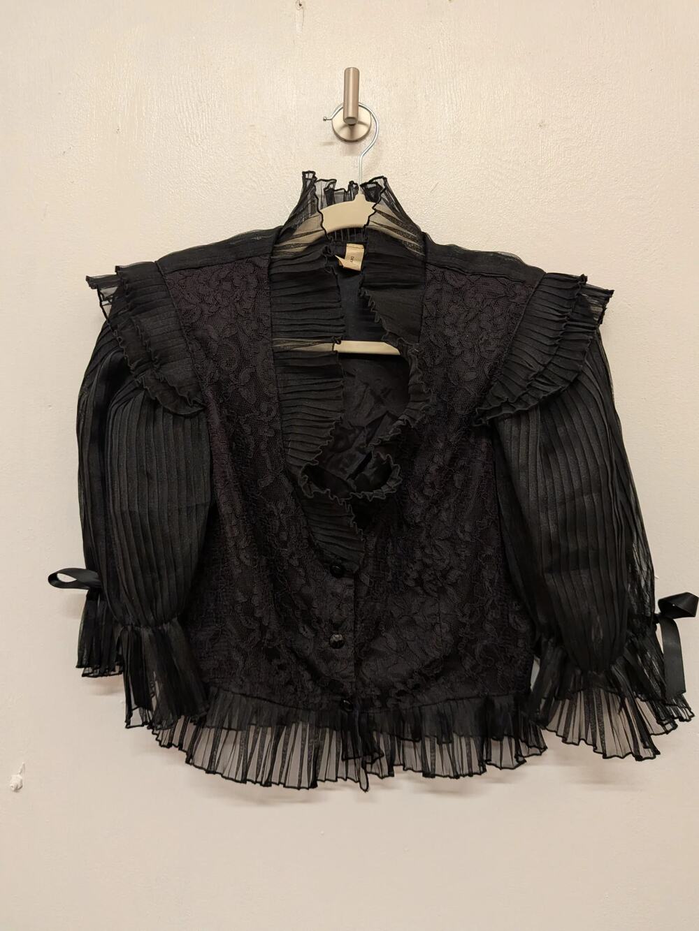 Vintage 1980s Black Lace And Pleated Chiffon Gothic Ruffle Blouse In Black, Size